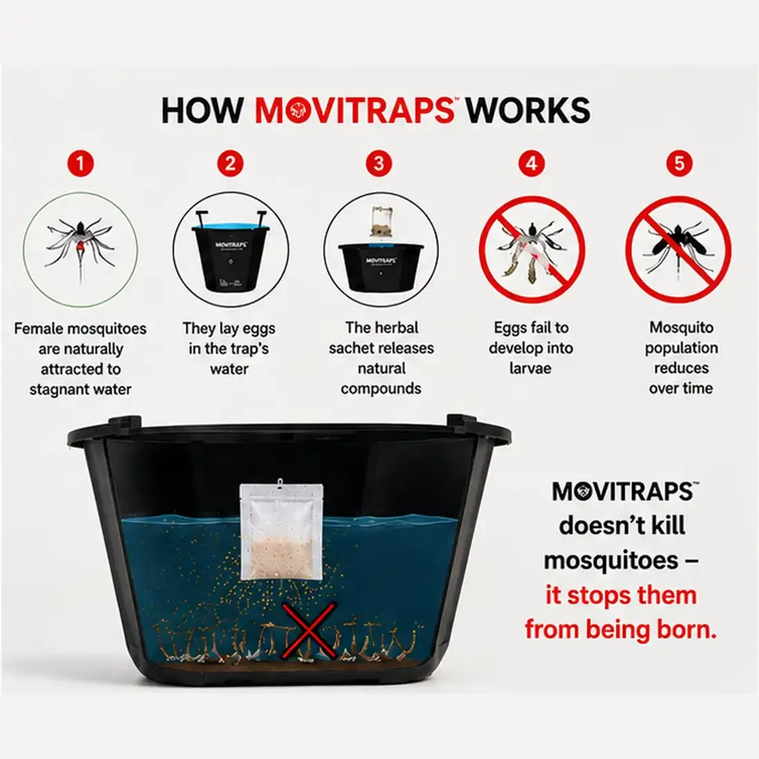 MoviTraps Eco-Friendly Mosquito Trap for Home | Chemical-Free Breeding Control Device with 2 Herbal Larvae Control Sachets | Dengue & Malaria Prevention | For Indoor & Outdoor Use (1 Jar + 2 Sachets) - Image 3