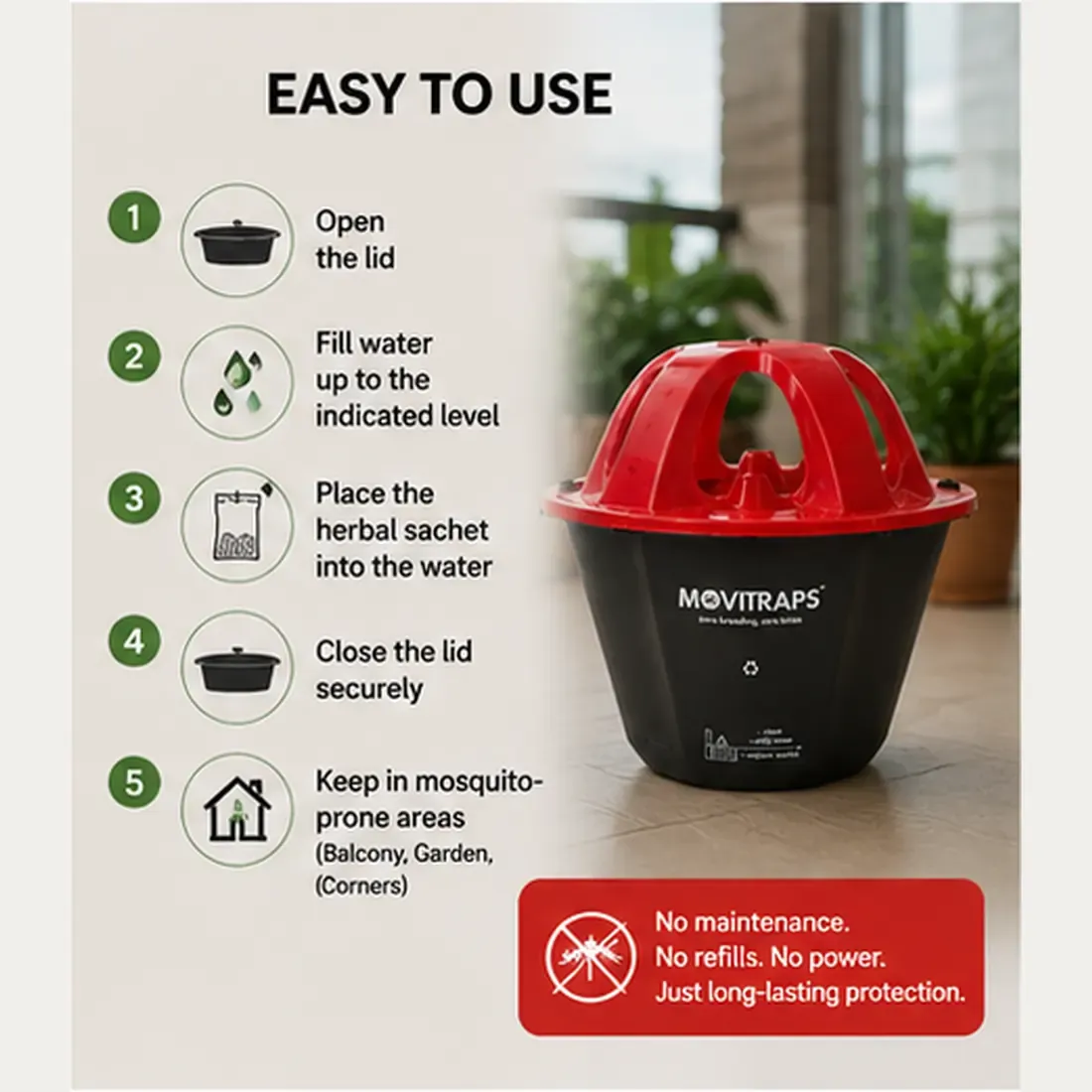 MoviTraps Eco-Friendly Mosquito Trap for Home | Chemical-Free Breeding Control Device with 2 Herbal Larvae Control Sachets | Dengue & Malaria Prevention | For Indoor & Outdoor Use (1 Jar + 2 Sachets) - Image 4